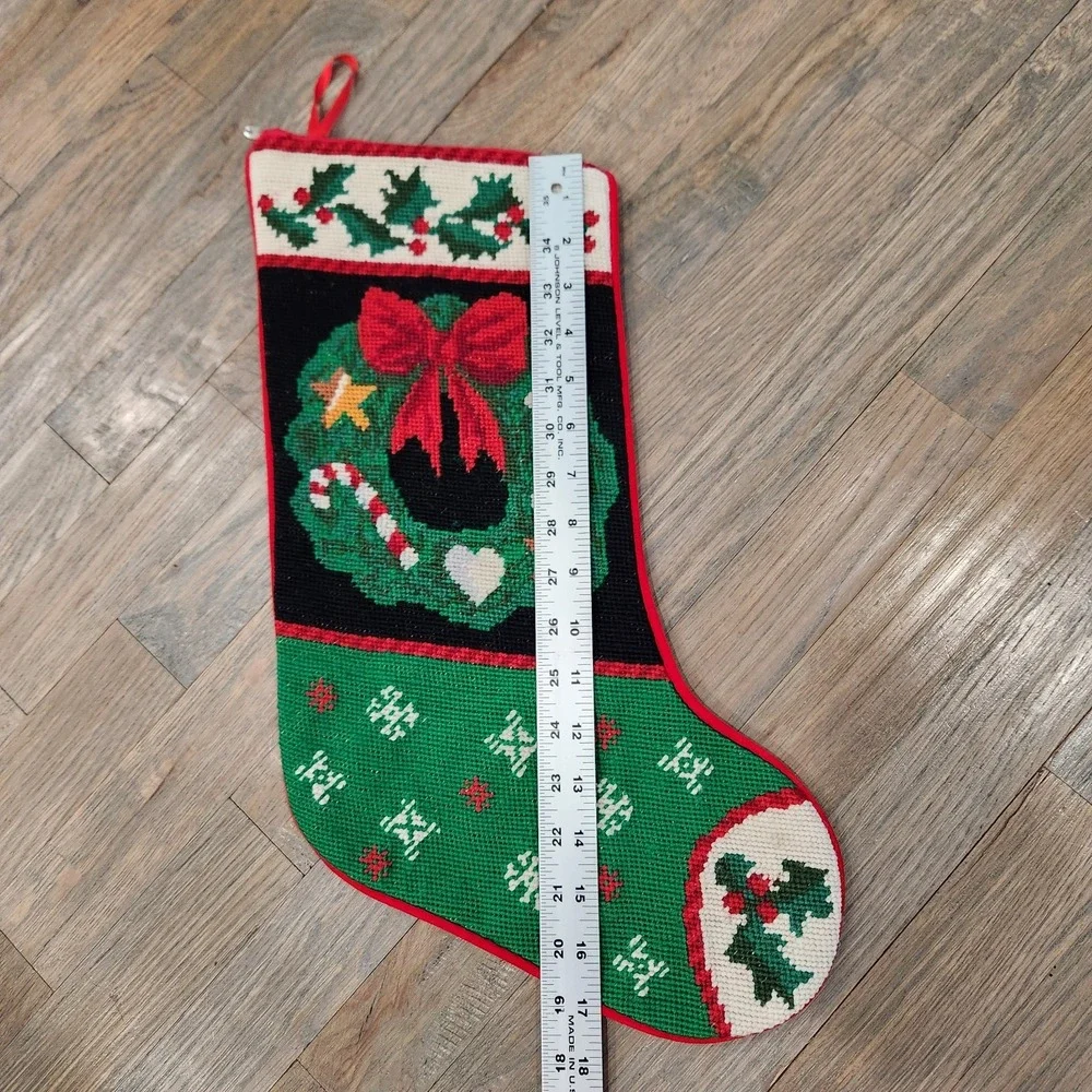 VTG Handmade Wool Needlepoint Holly‎ Wreath Candy Cane Christmas Velvet Stocking